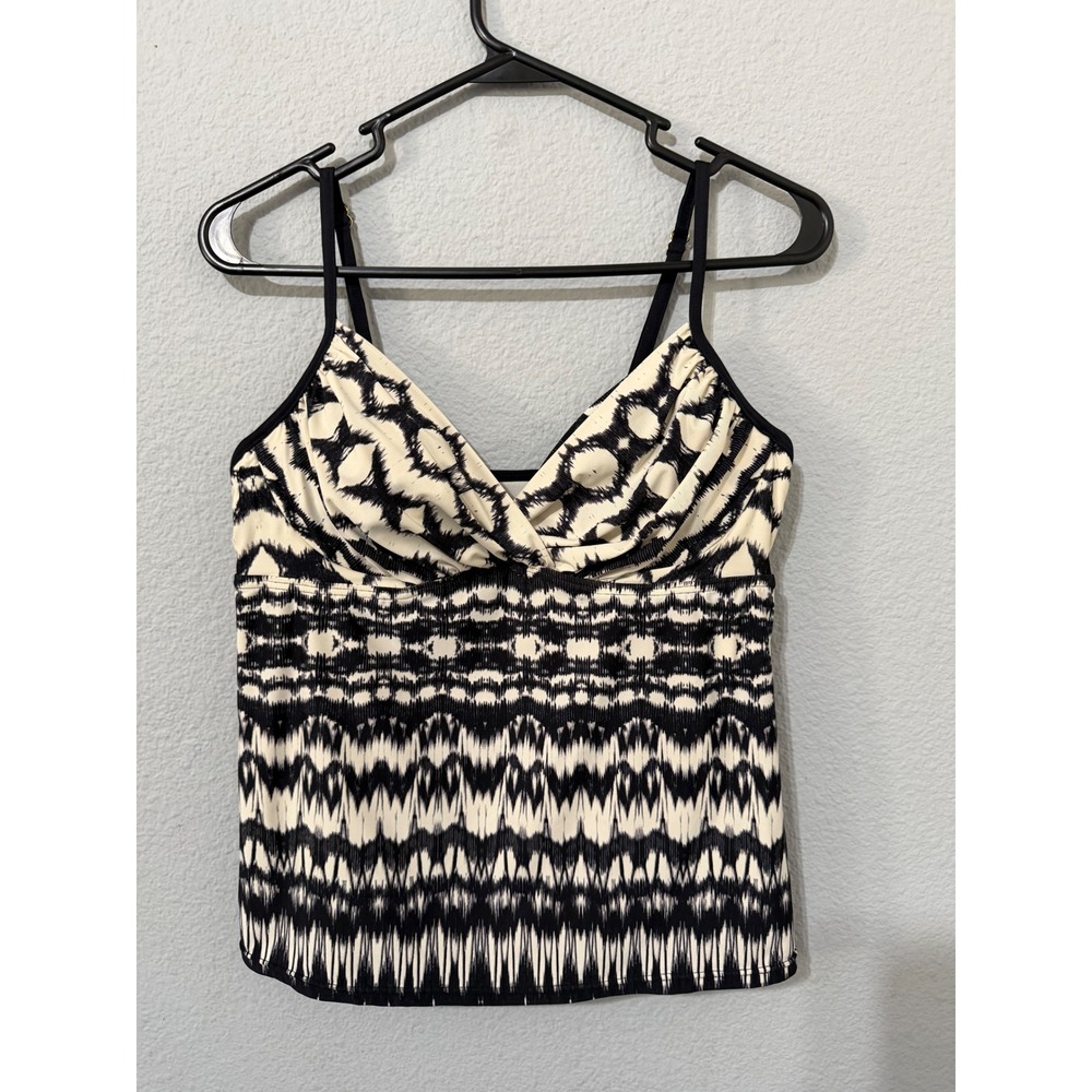 Badgley Mischka Womens Black White Ikat Print Tankini Swim Top Size 10 V-Neck